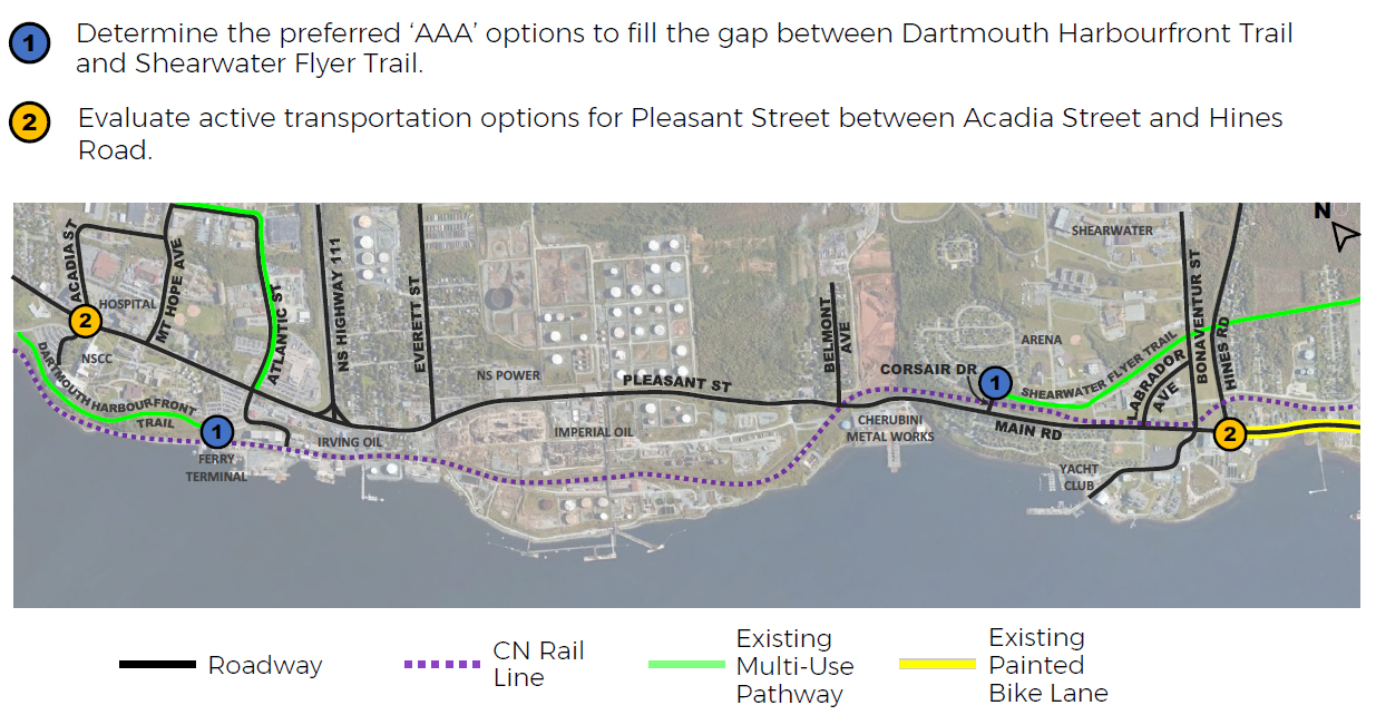 Text reads "1: Determine the preferred AAA options to fill the gap between Dartmouth Harbourfront Trail and Shearwater Flyer Trail. 2: Evaluate active transportation options for Pleasant Street between Acadia Street and Hines Road." A map of Pleasant Street from Acadia Street to Hines Road. A purple dashed line shows the CN Rail Line along the shoreline, black lines show roadways, green lines show existing multi-use pathways on Mount Hope Ave, Dartmouth Harbourfront, and the Shearwater Flyer Trail, yellow lines show the painted bike lane on Main Road in Eastern Passage.