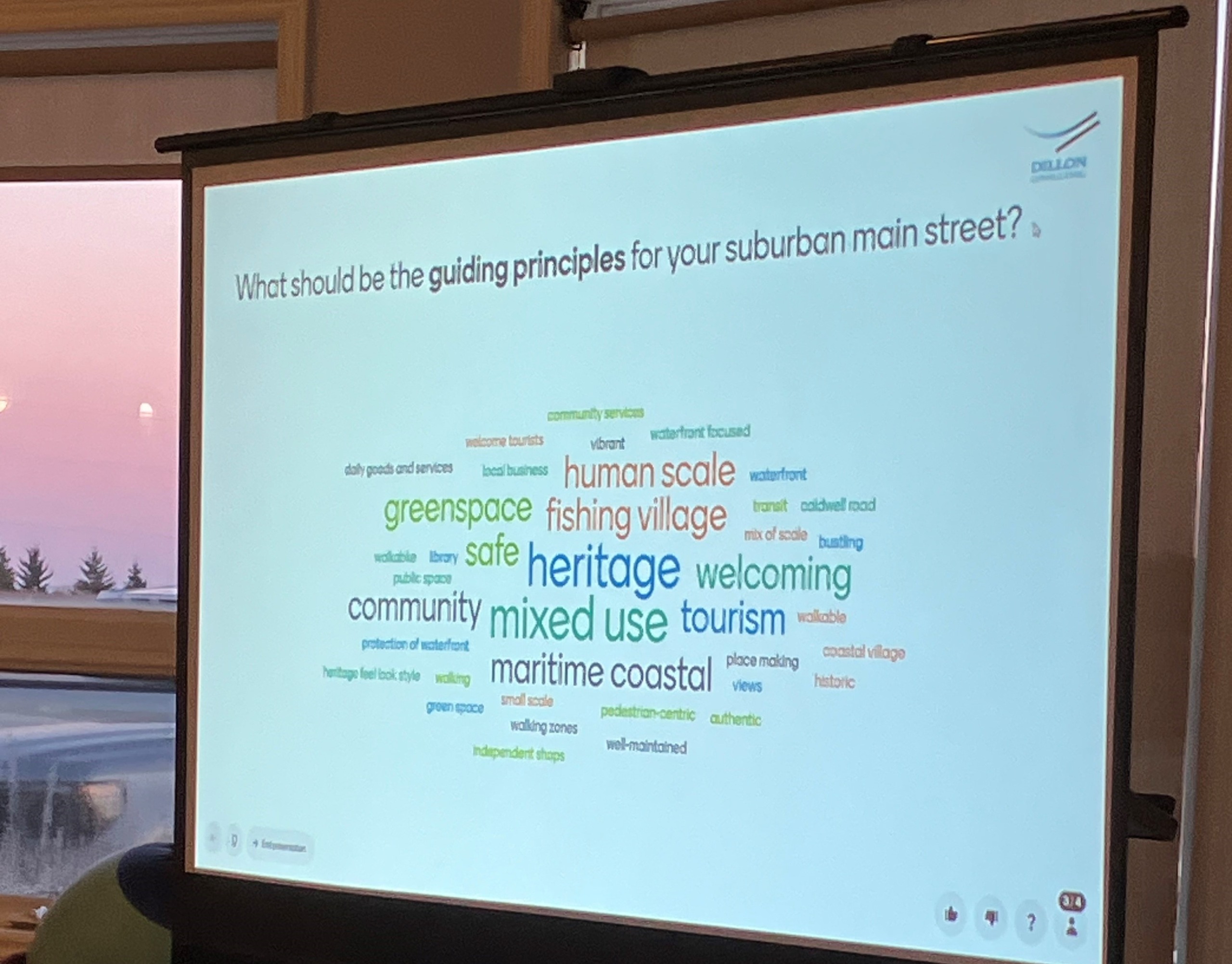 Photo of a screen with "What should be the guiding principles for your suburban main street?" With key themes from the Eastern Passage Workshop in a word cloud