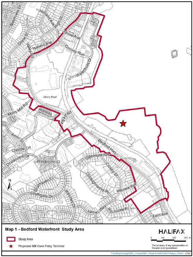 The study area includes the waterfront, the area surrounding the future ferry terminal, and extends approximately from Lindsay Hill (west) to Fern Avenue (east). 