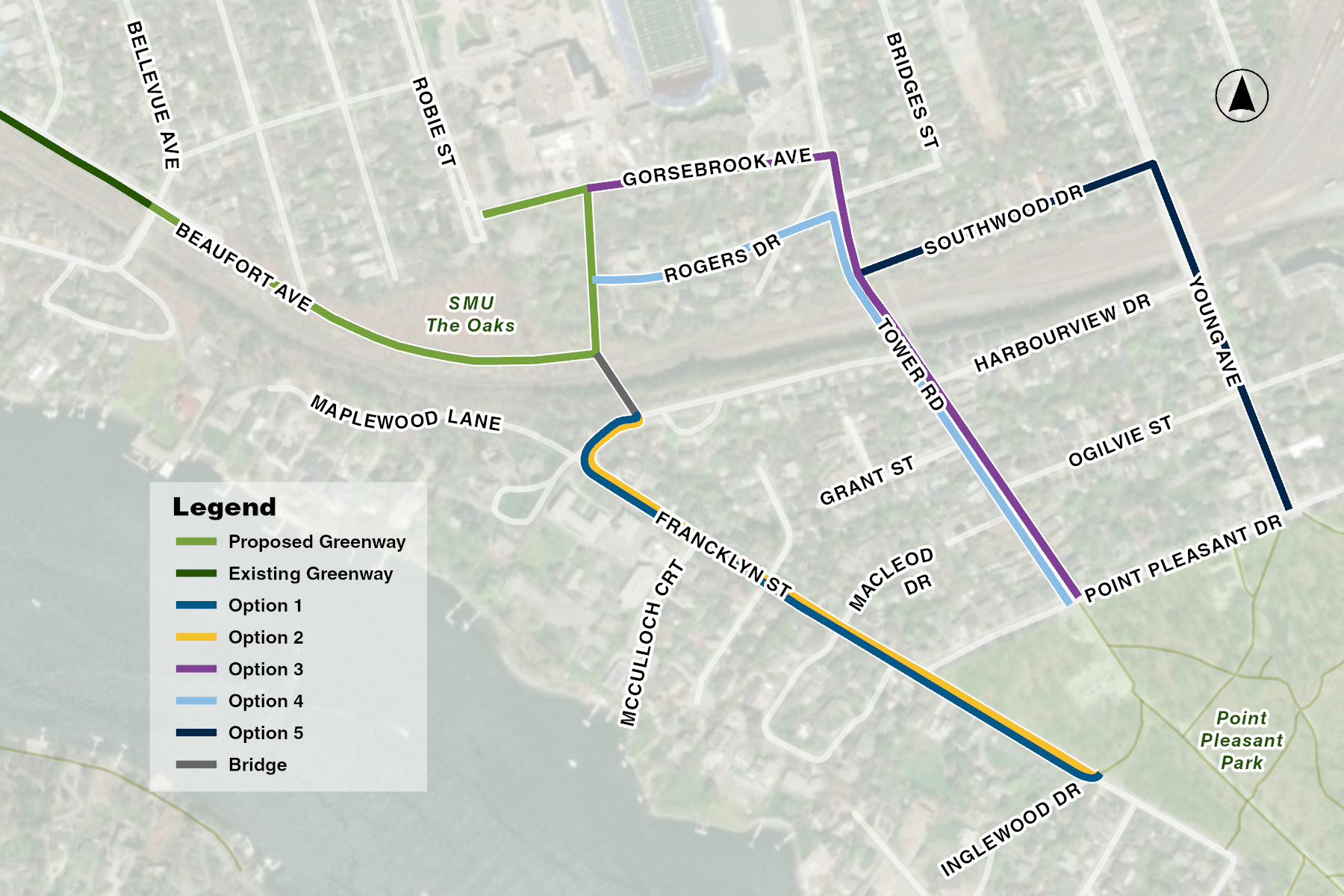 A map showing the project area with the greenway extension and options for a new active transportation route to Point Pleasant Park.