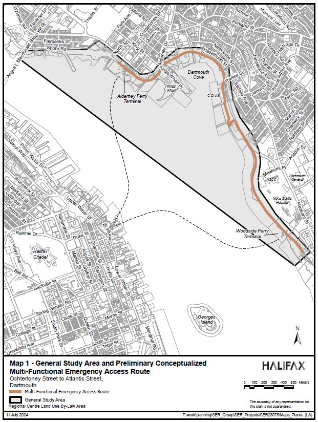 Map of the Halifax Harbour showing the study area extending from Macdonald Bridge to the west and Woodside Ferry Terminal to the east.