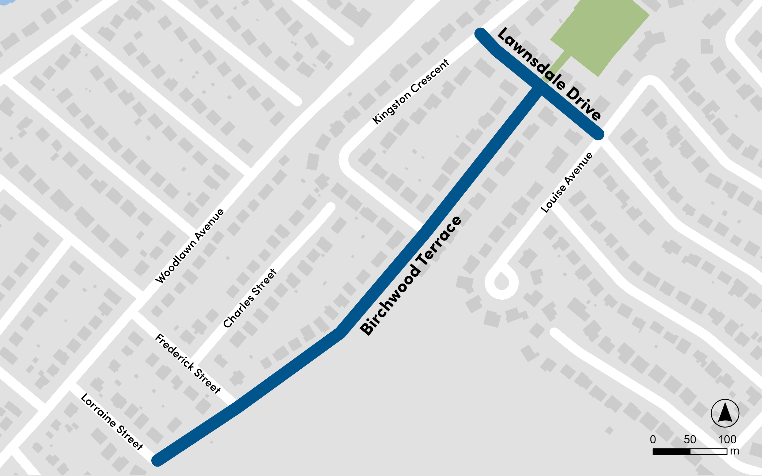 Subject locations: Birchwook Terrace between Lorraine Street and Lawnsdale Drive and Lawnsdale Drive between Kingston Crescent and Louise Avenue