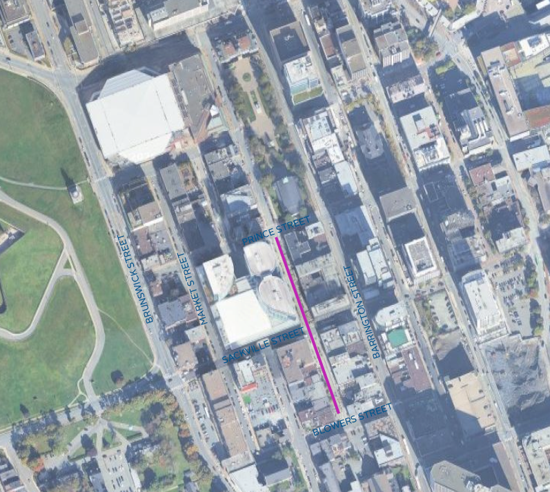 aerial image showing downtown halifax. Brunswick Street and Citadel Hill are on the left, ScotiaBank Centre is near the top. A pink line highlights the project area, Argyle Street between Blowers Street and Prince Street