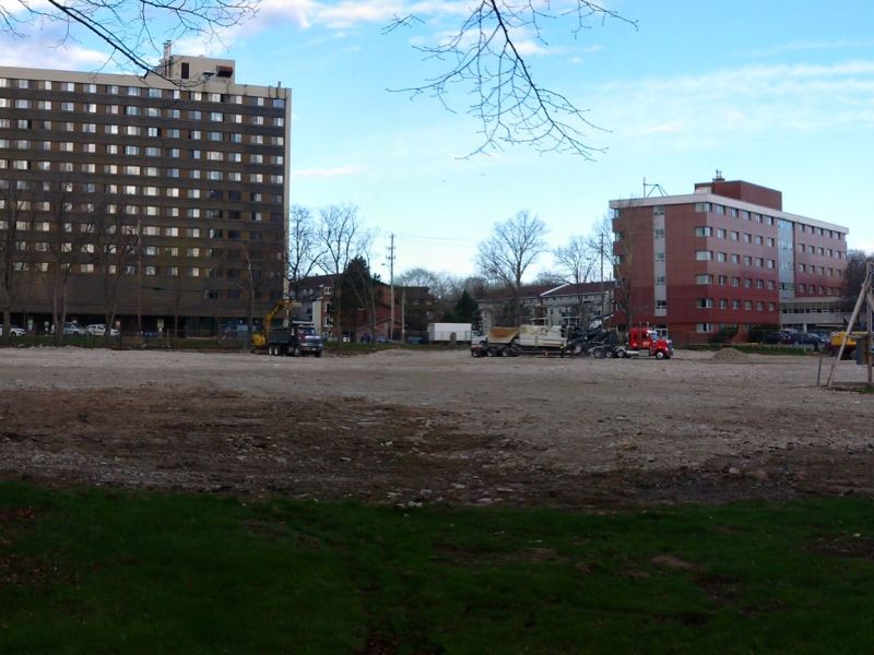 Friday, May 13, 2016. Demolition of the former Saint Patrick’s High School building is now complete. The next phase of land preparation involves laying  top soil and hydro seed on-site, with construction fence removal anticipated by mid-summer. 