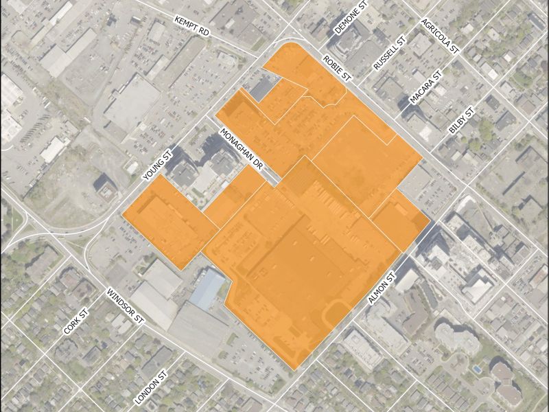 Aerial map of the Young Street Lands Future Growth Node (FGN) boundary, shaded in orange.