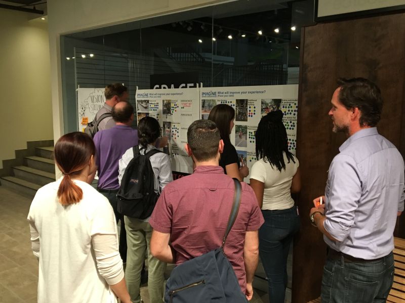 Participants voting on the dot-mocracy board