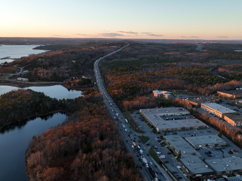 Looking north of Akerley Boulevard on Windmill Road towards Magazine Hill