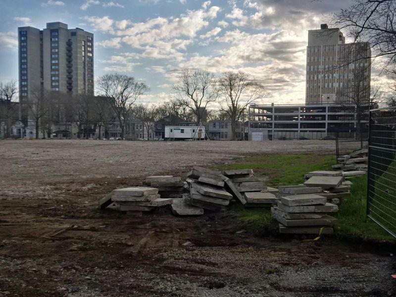Friday, May 13, 2016. Demolition of the former Saint Patrick’s High School building is now complete. The next phase of land preparation involves laying  top soil and hydro seed on-site, with construction fence removal anticipated by mid-summer. 