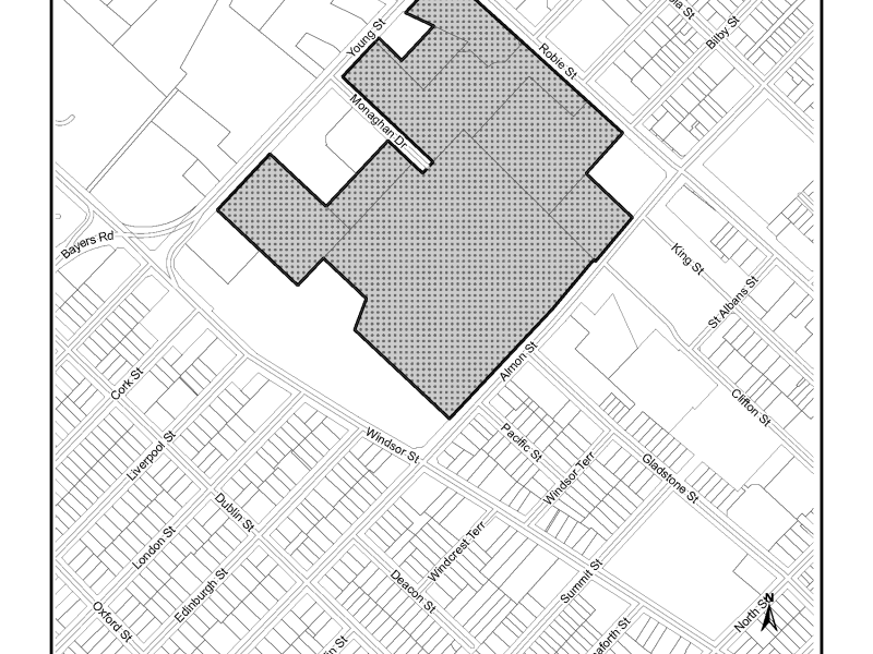 Map of the boundaries and location of the Young Street Lands Future Growth Node.