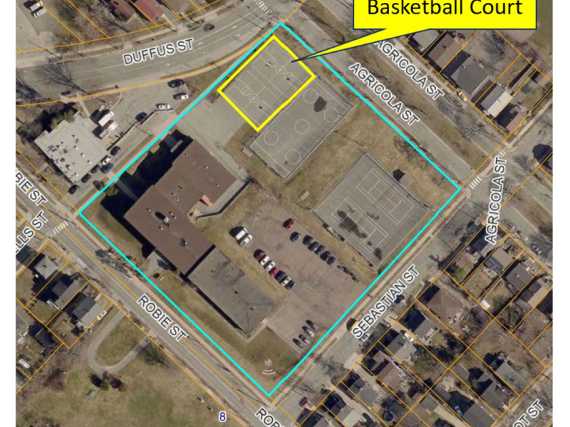 Aerial map shot of the area surrounding the North End Junior High School with the current basketball court's location highlighted in yellow