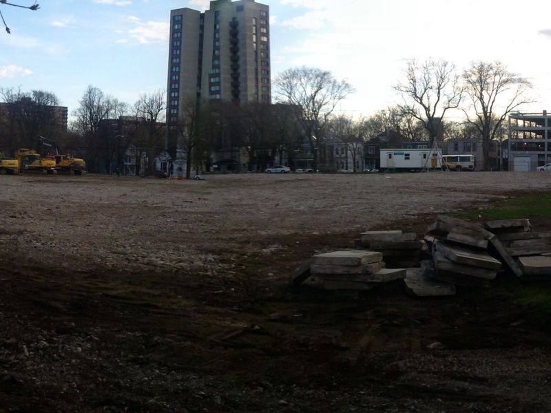 Friday, May 13, 2016. Demolition of the former Saint Patrick’s High School building is now complete. The next phase of land preparation involves laying  top soil and hydro seed on-site, with construction fence removal anticipated by mid-summer. 
