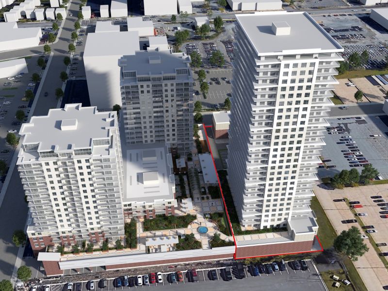 Rendering of Monaghan Square South GP Limited development, outlined by a red line, looking towards the east direction.